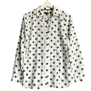 Talbots White Olive Green Polka Dot Clip Button Down, Womens XS